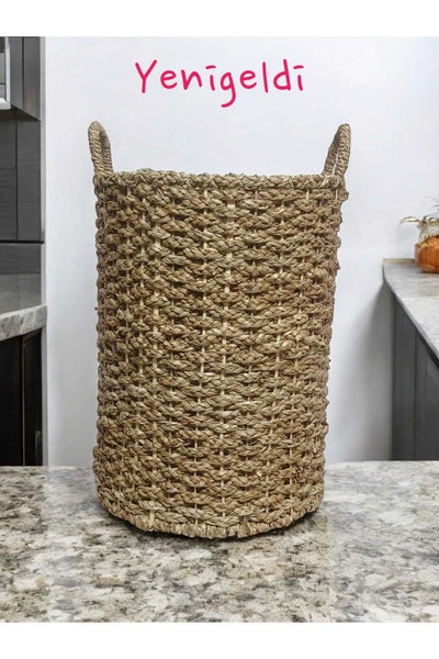 Yenigeldi (YÜKSEKLİĞİ:48*GENİŞLİĞİ:37 CM) 1 Adet Uzun Yuvarlak Dekoratif Hasır Sepeti Yen240002or