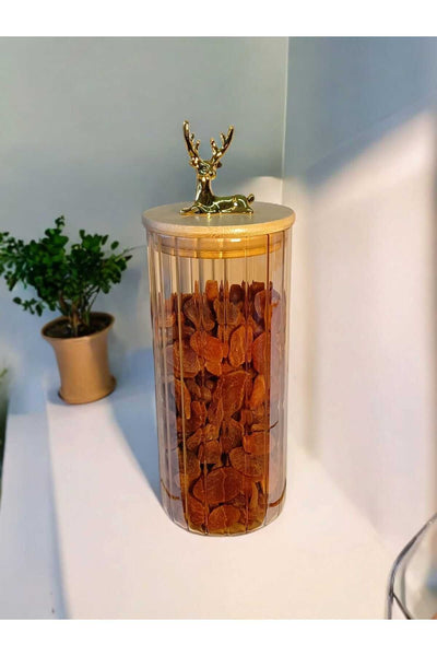 Yenigeldi (9X20 CM)1 Adet Geyikli Cam Saklama Kavanozu Hava Geçirmez Bambu Kapaklı Y-381