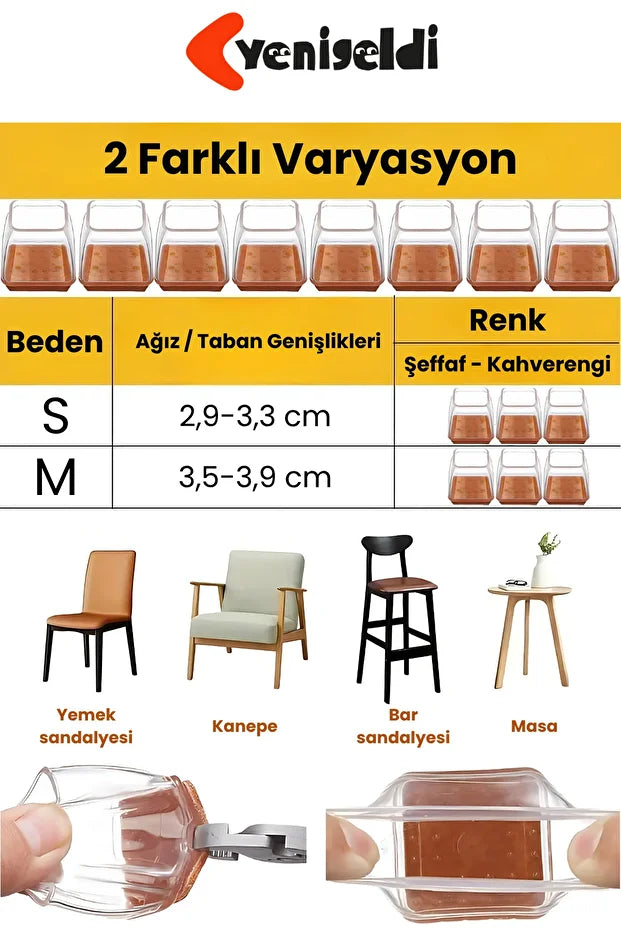 4 Adet Kare Sandalye Papucu (3.5–3.9cm) Şeffaf Silikon İnce Keçeli Zemin Koruyucu Mobilya Ayağı