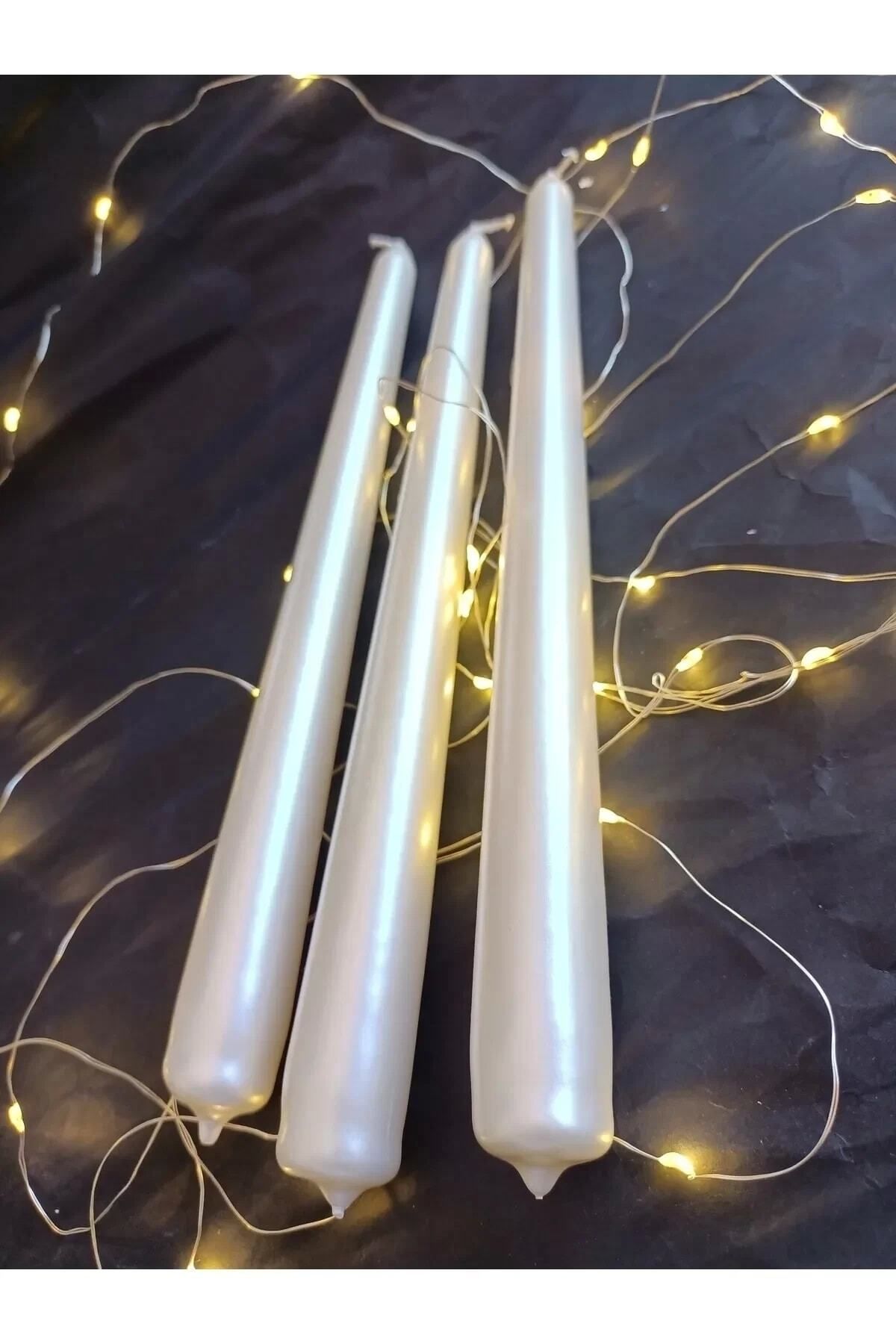 3 Lü , 7 Saat Yanan ,metalik Sedef Şamdan Mumu, Ivorry Taper Candle