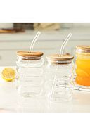 2 Adet Isıya Dayanıklı Cam Pipetli Ahşap Kapaklı Şeritli Boğumlu Bardak Kahve Meyve Suyu Bardağı