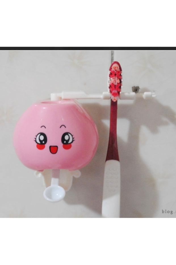 Sevimli Pembe Diş Macunu Dispenseri + 4'lü Diş Fırçası Tutucu | Vakumlu Banyoluk Organizer