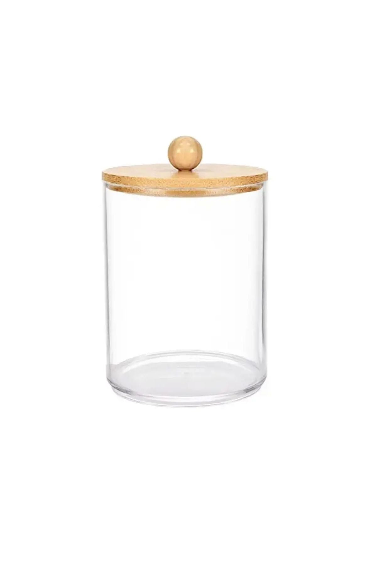 Yenigeldi 1 Adet ( 8* 6.5 Cm ) Bambu Kapaklı, Şeffaf Cam Kavanoz, Pamuk, Diş Ipi, Makyaj Fırçası