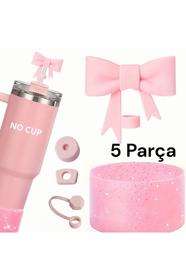 Yenigeldi 5 Parça :Toz Pembe Termos Sızdırmaz Seti | Fiyonk Pipet Tıpası ve Simli Taban