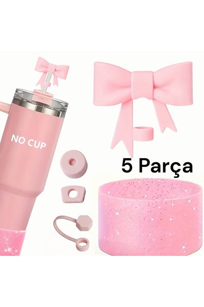 Yenigeldi 5 Parça :Toz Pembe Termos Sızdırmaz Seti | Fiyonk Pipet Tıpası ve Simli Taban