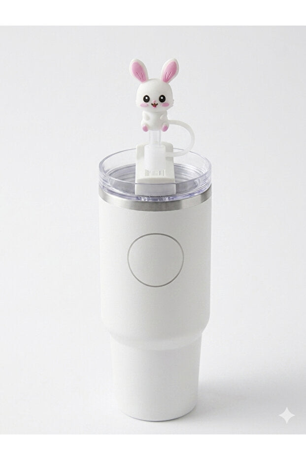 Yenigeldi Sevimli Tavşan Figürlü Pipet Başlığı 10 mm Silikon Pipet Tıpası ve Koruyucu Kapak - 1.18 L (40 oz) Termos Modelleri ile Uyumlu