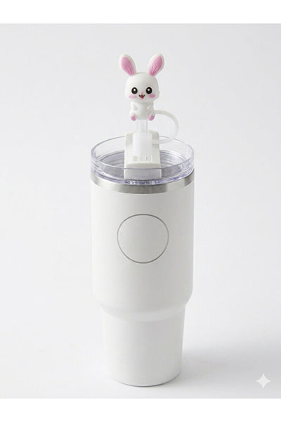 Yenigeldi Sevimli Tavşan Figürlü Pipet Başlığı 10 mm Silikon Pipet Tıpası ve Koruyucu Kapak - 1.18 L (40 oz) Termos Modelleri ile Uyumlu