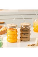 2 Adet Isıya Dayanıklı Cam Pipetli Ahşap Kapaklı Şeritli Boğumlu Bardak Kahve Meyve Suyu Bardağı