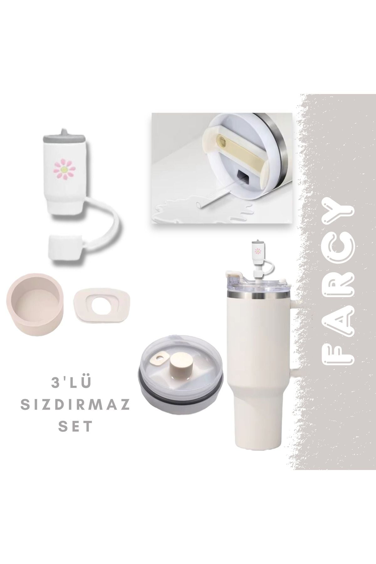Stanley Quencher Ve Yeni Nesil Pipetli Termos Uyumlu Termos Figürlü 3 Parça Sızdırmaz Aksesuar Silikon Set