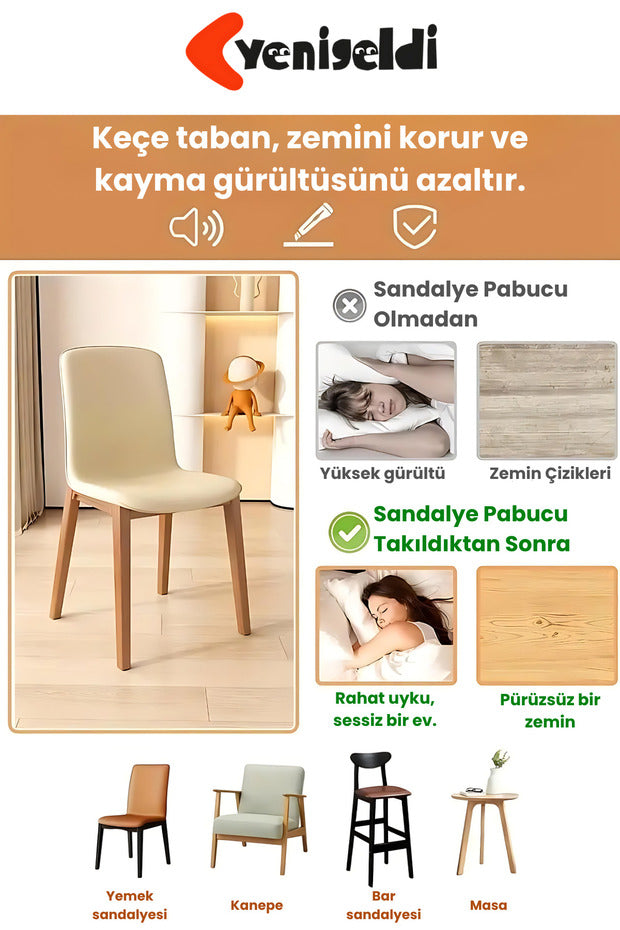 4 Adet Kare Sandalye Papucu (2.9–3.3cm) Şeffaf Silikon İnce Keçeli Zemin Koruyucu Mobilya Ayağı