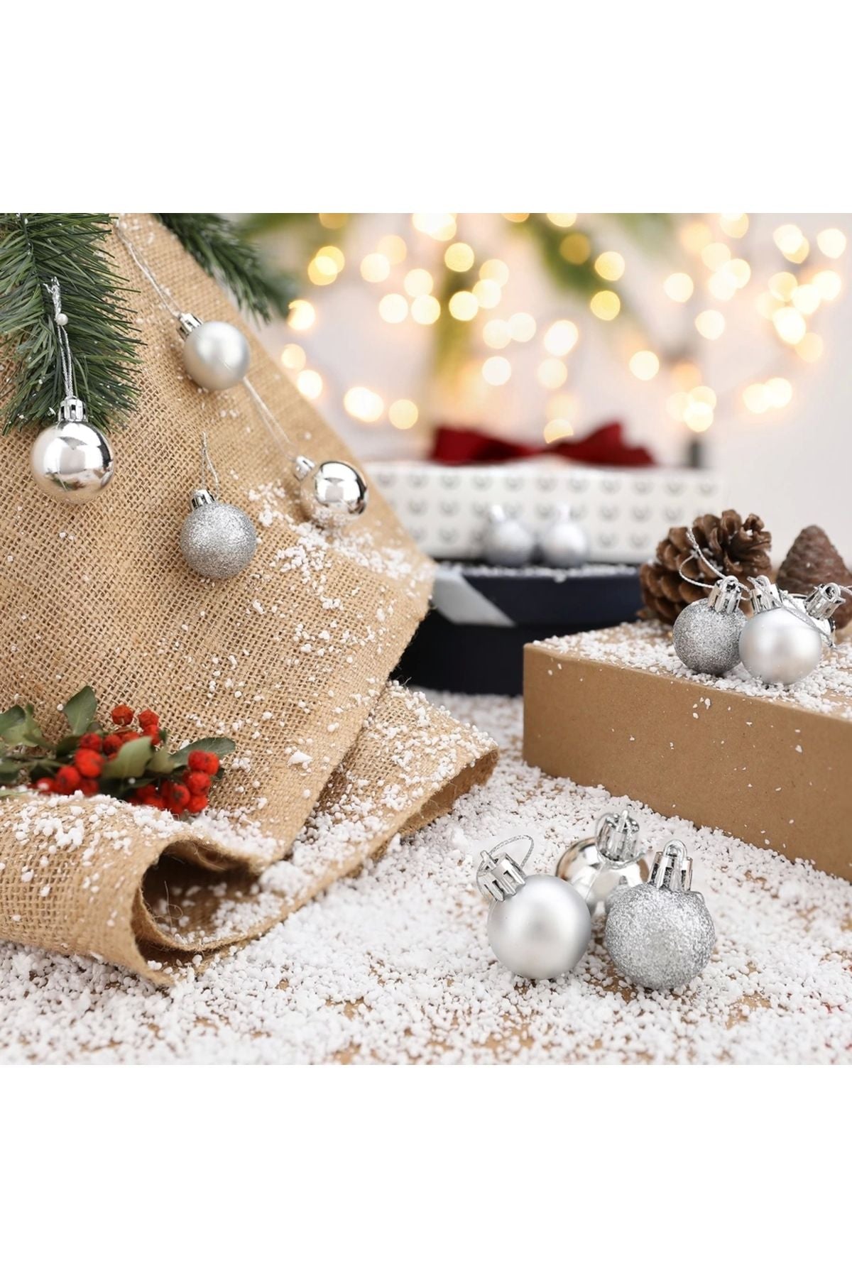 Yenigeldi 12'li Gümüş 3 Cm Yılbaşı Topu, Noel Topu, Çam Ağacı Topu, Süs Topu