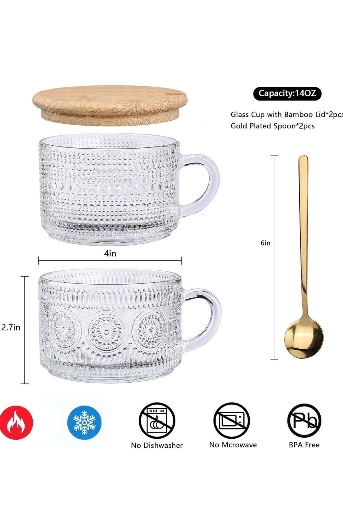 Yenigeldi 2 Adet 420 ml İrlanda Vintage Bambu Kapaklı ve Kaşıklı Kabartmalı Kahve Bardak, Tatlı Sunum Kupa