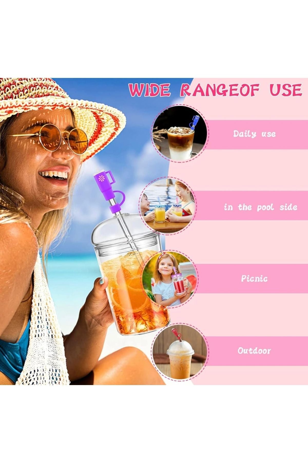 2 Adet 10 Mm Stanley İçin Pipet Kapağı ( Beyaz Pembe Ve Kırmızı Renklerde ) Pipet Tıpası