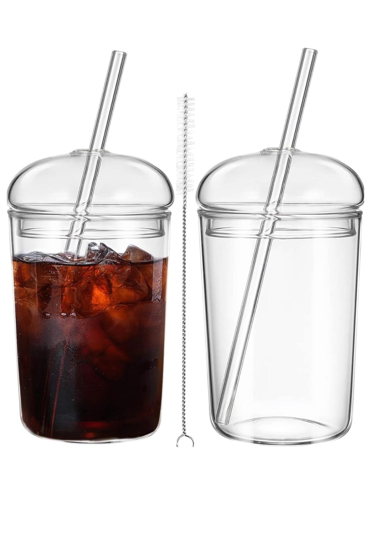 Yenigeldi Kubbe Kapaklı Pipetli Tumbler Isıya Dayanıklı Borosilikat Cam Bardak Kahve Meyve Suyu