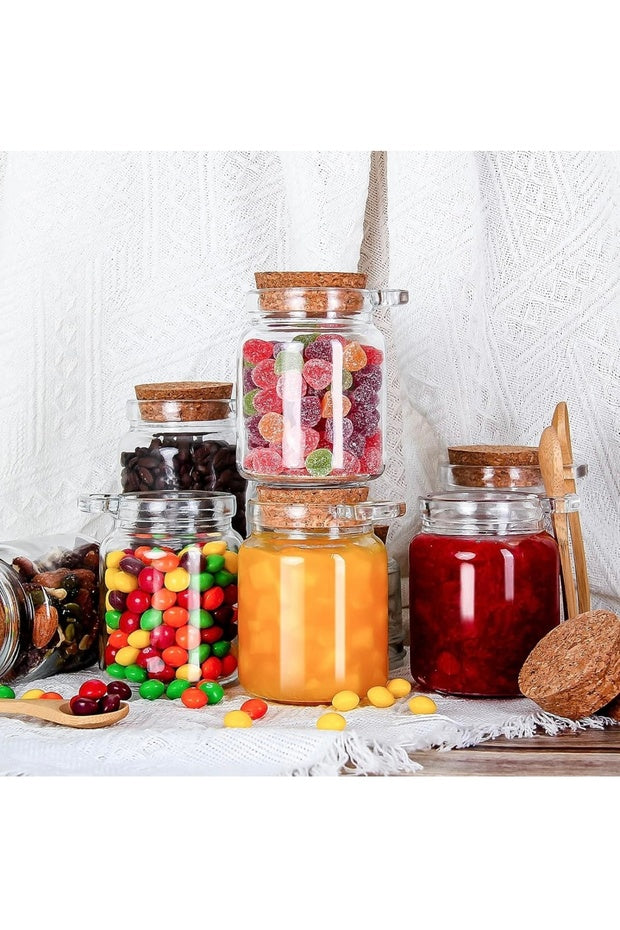 6 Adet 250 ml Mantar Kapaklı ve Kaşıklı Küçük Cam Saklama Kavanozları Y802