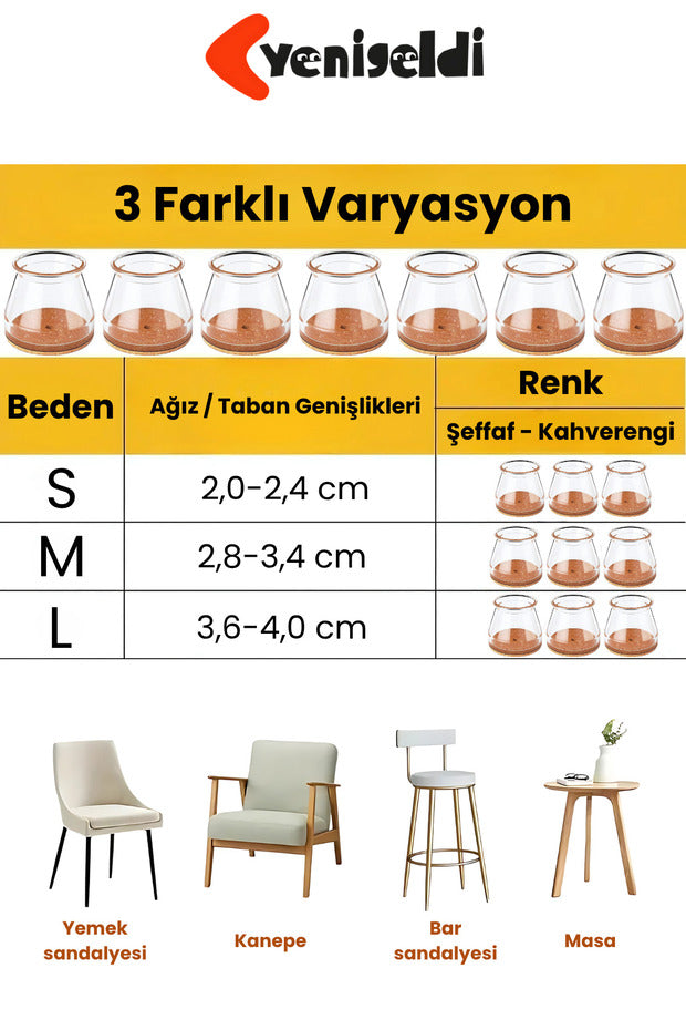 Yenigeldi 4 Adet Yuvarlak Sandalye Papucu (2.0–2.4 cm) Şeffaf Silikon İnce Zemin Koruyucu Keçeli Ayak Kılıfı