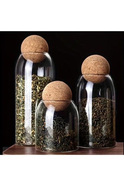 Yenigeldi 1 Adet Borosilikat Cam Kavanoz - Mantar Küre Kapaklı Dekoratif Saklama Kabı (15 cm - 800 ml)