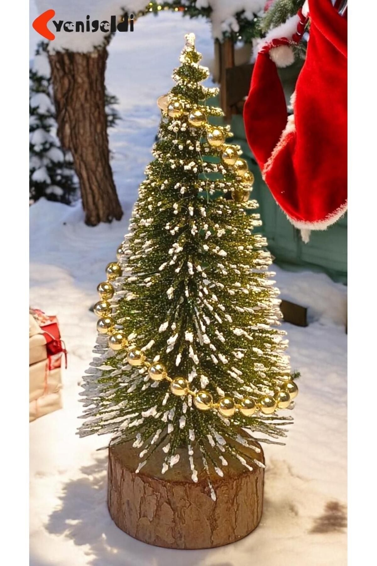 2 Adet Sarı 10 Cm Kar Efektli Küçük Yılbaşı Ağacı - Altın Top Süslemeli Dekoratif Çam Ağacıt T-332