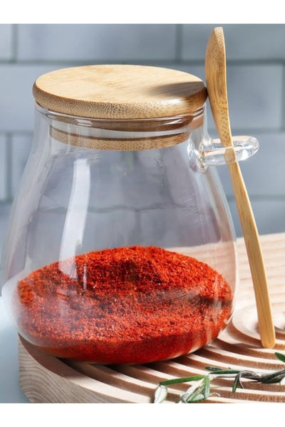 1 Adet 350 ml Bambu Kaşıklı Hava Geçirmez Cam Tuz Şeker Baharat Kavanoz y822