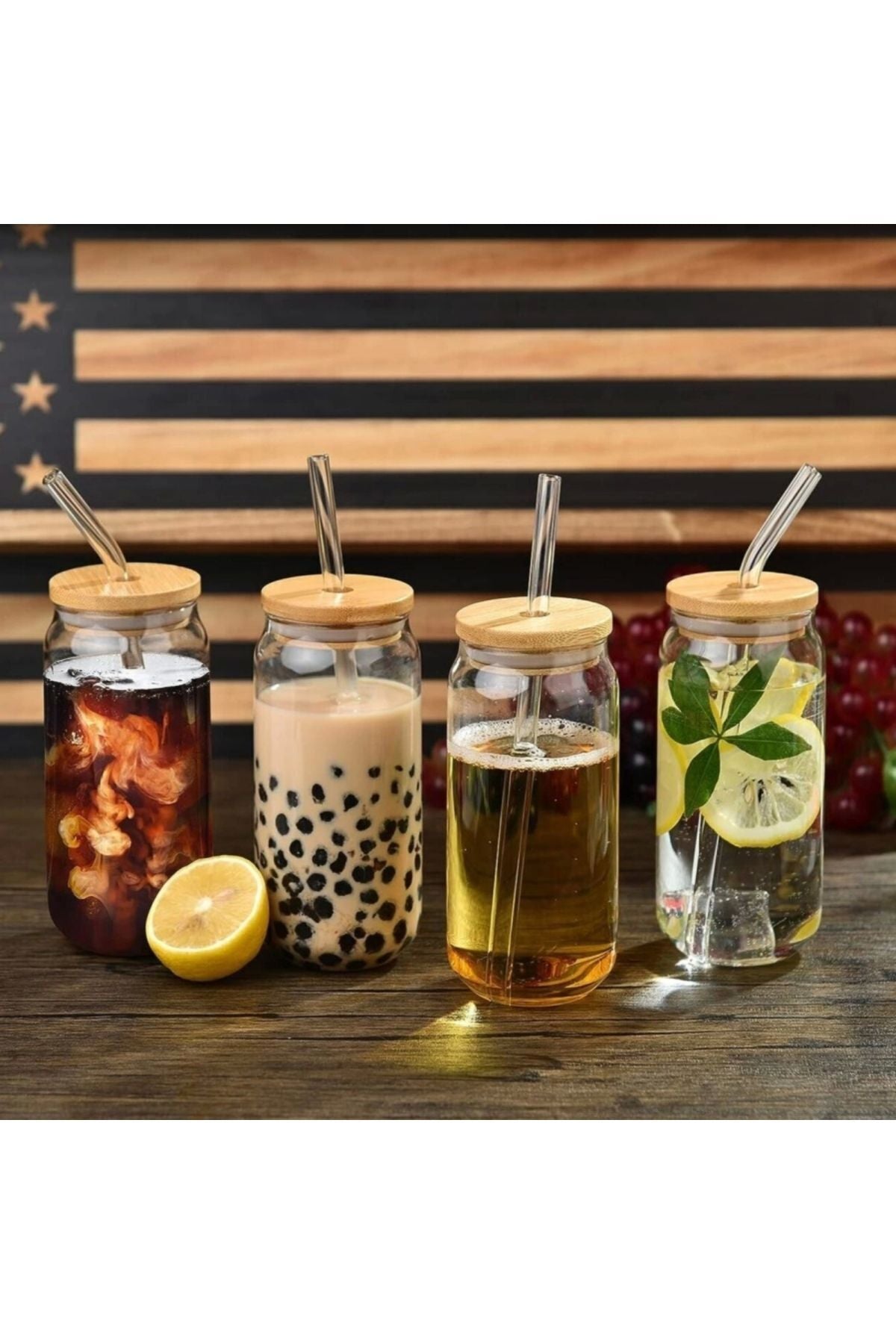 Yenigeldi 4 Adet Bambu Kapaklı Cam Bardak Buzlu Kahve Smoothie Kokteyl Bardağı 4 Cam Pipet Ve 2 Temizleme Fırç