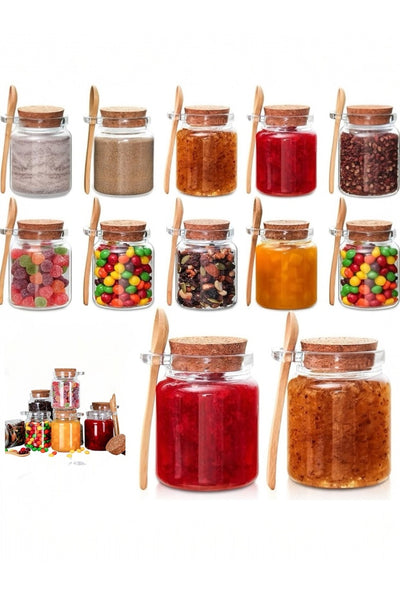 4 Adet 250 ml Mantar Kapaklı ve Kaşıklı Küçük Cam Saklama Kavanozları Y802