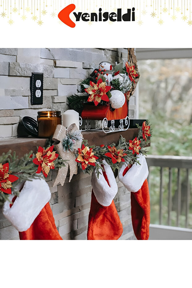 Yenigeldi 4 Adet Simli Atatürk Çiçeği Yılbaşı Ağacı Süsü Noel Çiçeği Kırmızı Gold 14 cm