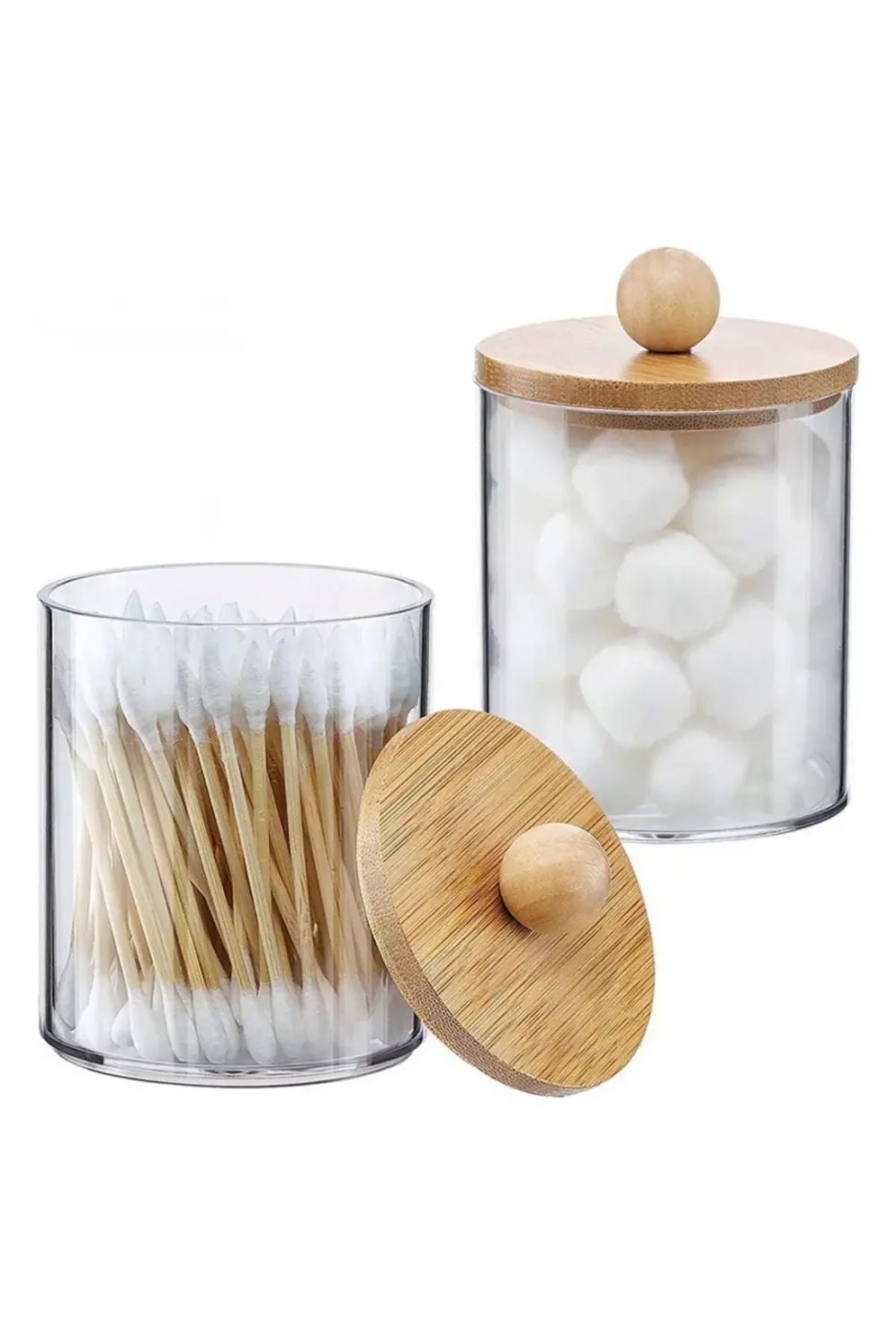 2 Adet Bambu Kapaklı, Şeffaf Cam Kavanoz, Çubuk, Pamuk, Diş Ipi, Makyaj Fırçası Organizatörü
