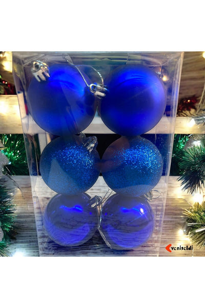 6 adet Mavi 6 Cm Yılbaşı Topu, 6 adet Noel Topu, 6 adet Çam Ağacı Topu, 6 adet Süs Topu t-52
