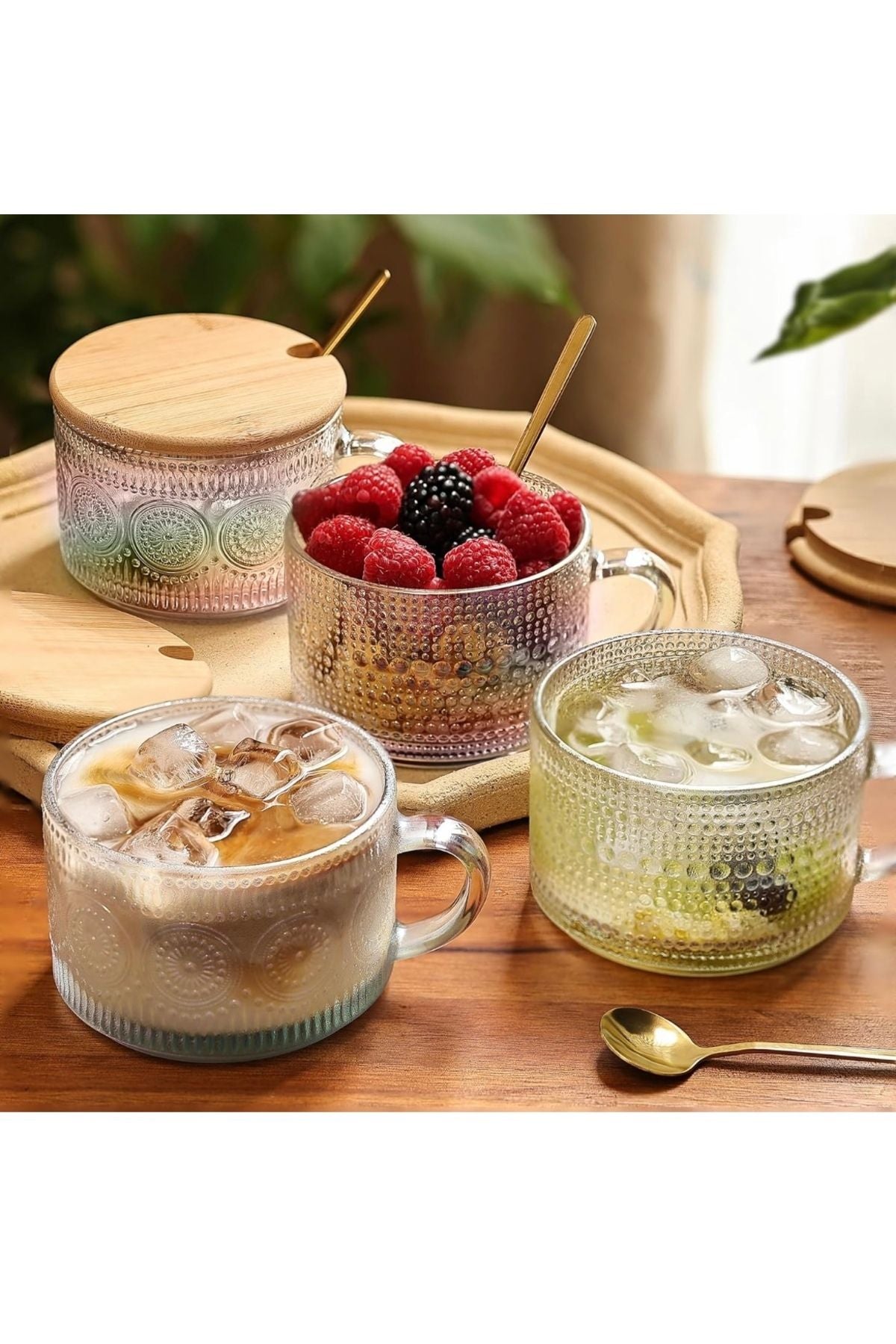 Yenigeldi 2 Adet 420 ml İrlanda Vintage Bambu Kapaklı ve Kaşıklı Kabartmalı Kahve Bardak, Tatlı Sunum Kupa