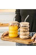 2 Adet Isıya Dayanıklı Cam Pipetli Ahşap Kapaklı Şeritli Boğumlu Bardak Kahve Meyve Suyu Bardağı