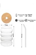 2 Adet Isıya Dayanıklı Cam Pipetli Ahşap Kapaklı Şeritli Boğumlu Bardak Kahve Meyve Suyu Bardağı