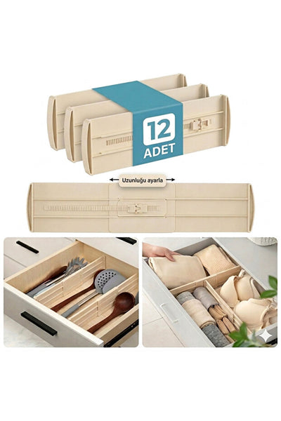 Yenigeldi 12 Adet Ayarlanabilir Kilitli Çekmece Bölme Organizer - Sürdürülebilir ve Çevreci Malzeme, Uzayan Kısalan Çekmece İçi Düzenleyici Aparat (Bebek Odası, Mutfak, Gardırop İçin)