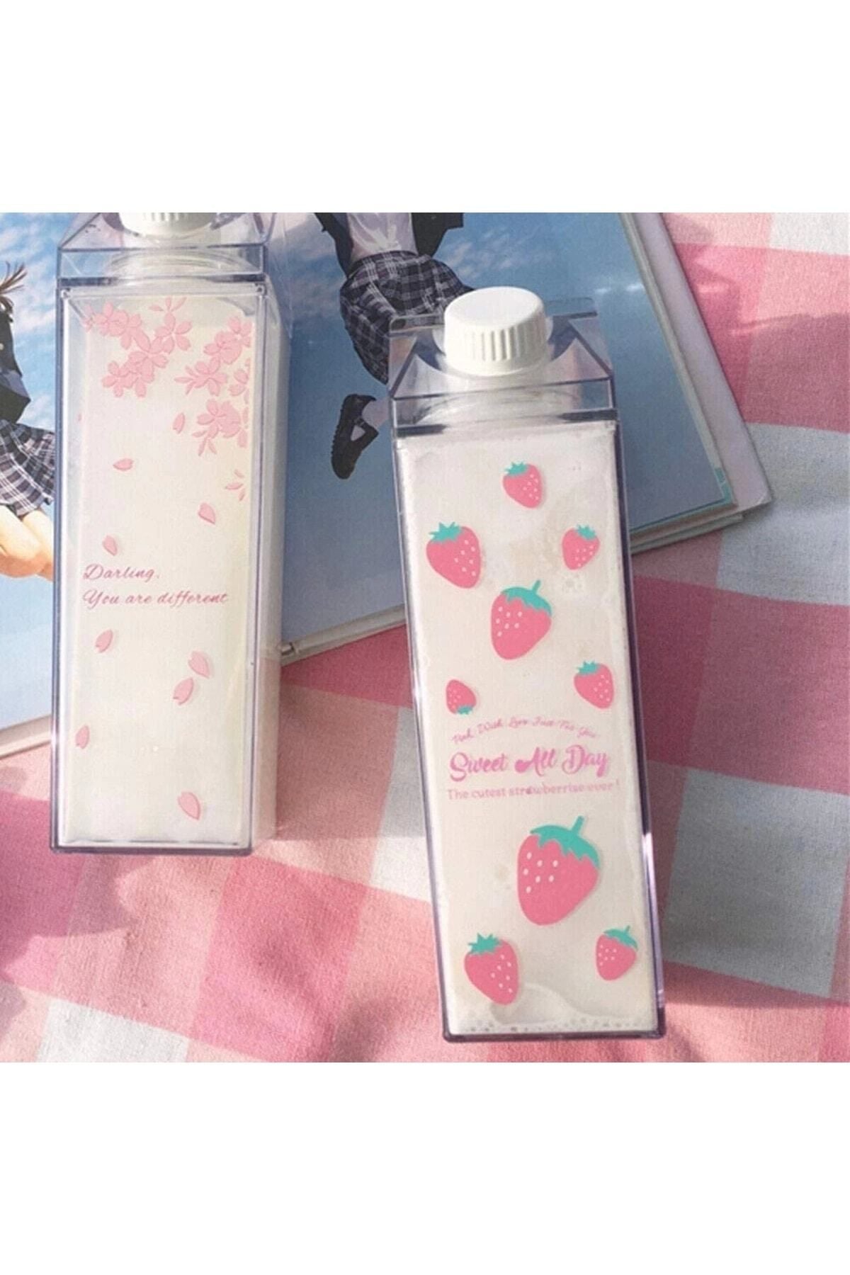 Yenigeldi Çilek 500ml Mika Süt Kutu Tasarımlı Su Kahve İçecek Şişesi Cam Değildir Kahve Ve Sunum Bardağı