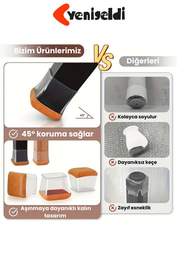 4 Adet Kare Sandalye Papucu (1.5–2.2CM) Şeffaf Silikon Kalın Keçeli Zemin Koruyucu Mobilya Ayağı