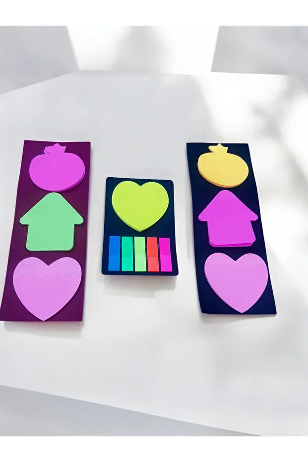 Postit Renkli Şekilli Yapışkan Not Kağıdı Seti – Kalp, Ok, Nar ve Renkli Şeritli Post-it Blokları