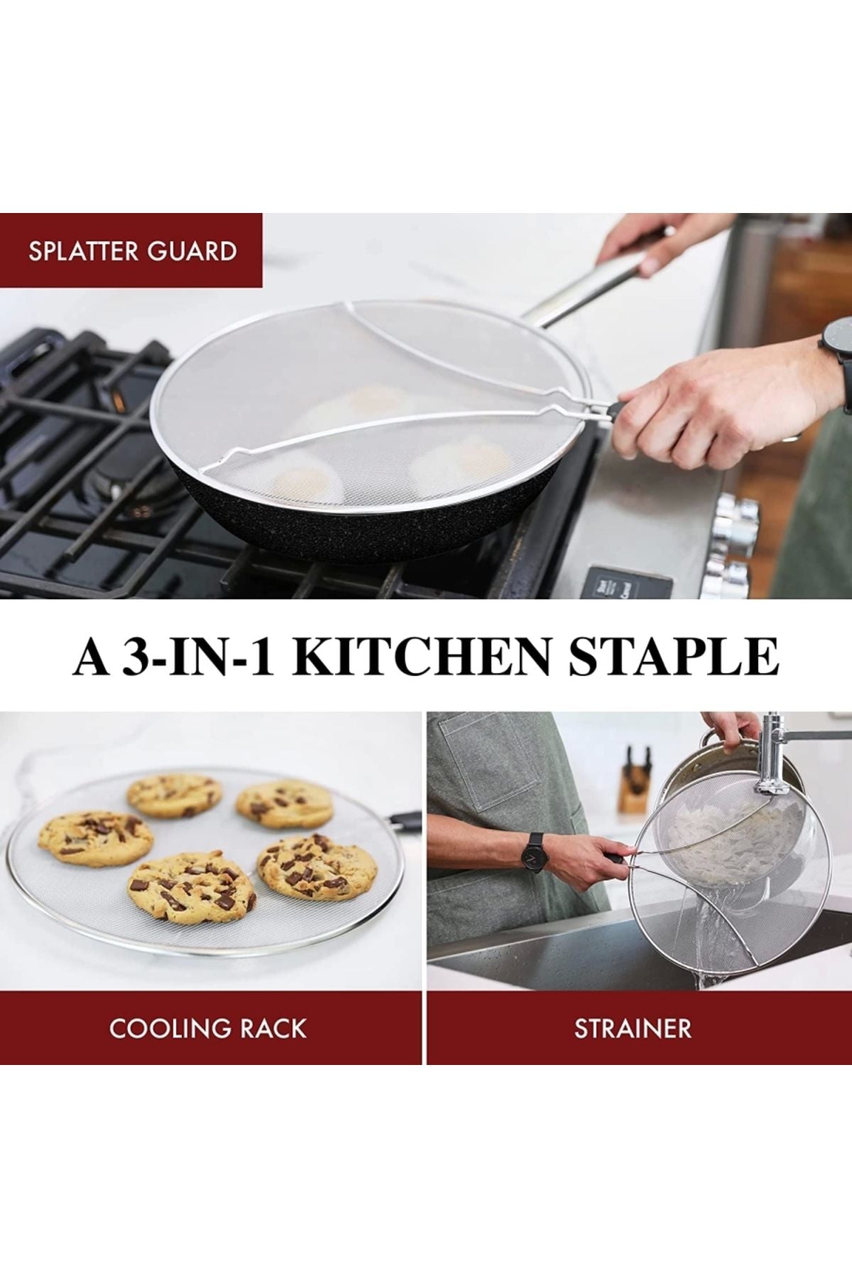 25 Cm 3'ü 1 Arada Paslanmaz Çelik Yağ Sıçratmaz Süzgeç Ve Soğutma Tavası (1 ADET)