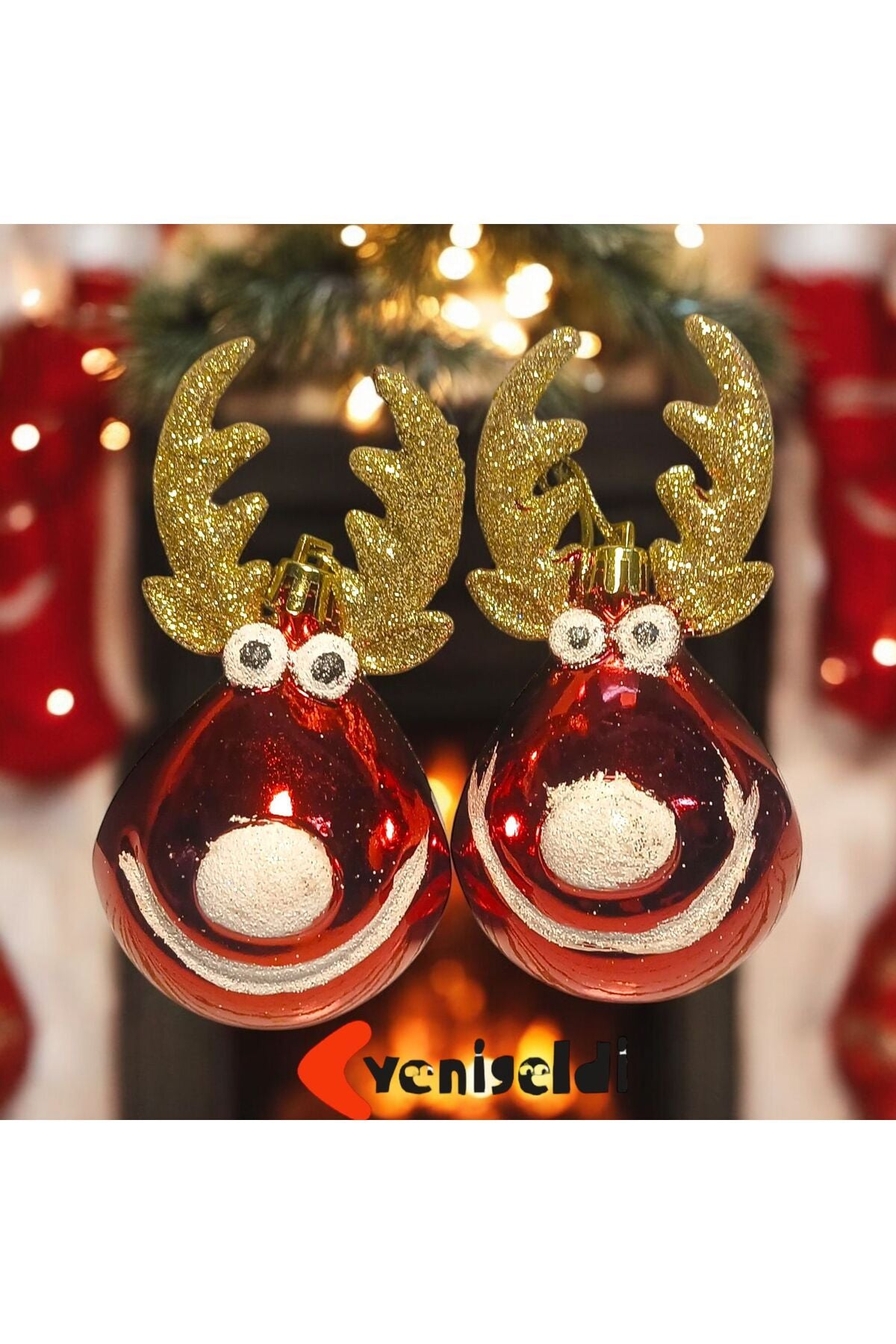 2 Adet (12 CM) Geyik Şeklinde Yılbaşı Ağacı Süsü - (Parlak Altın Boynuzlu) T-322