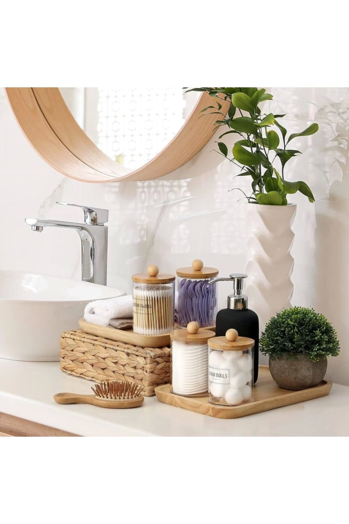 2 Adet Bambu Kapaklı, Şeffaf Cam Kavanoz, Çubuk, Pamuk, Diş Ipi, Makyaj Fırçası Organizatörü