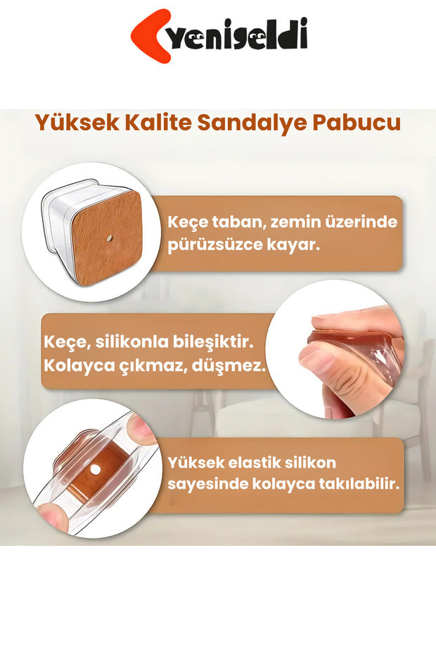 4 Adet Kare Sandalye Papucu (3.5–3.9cm) Şeffaf Silikon İnce Keçeli Zemin Koruyucu Mobilya Ayağı