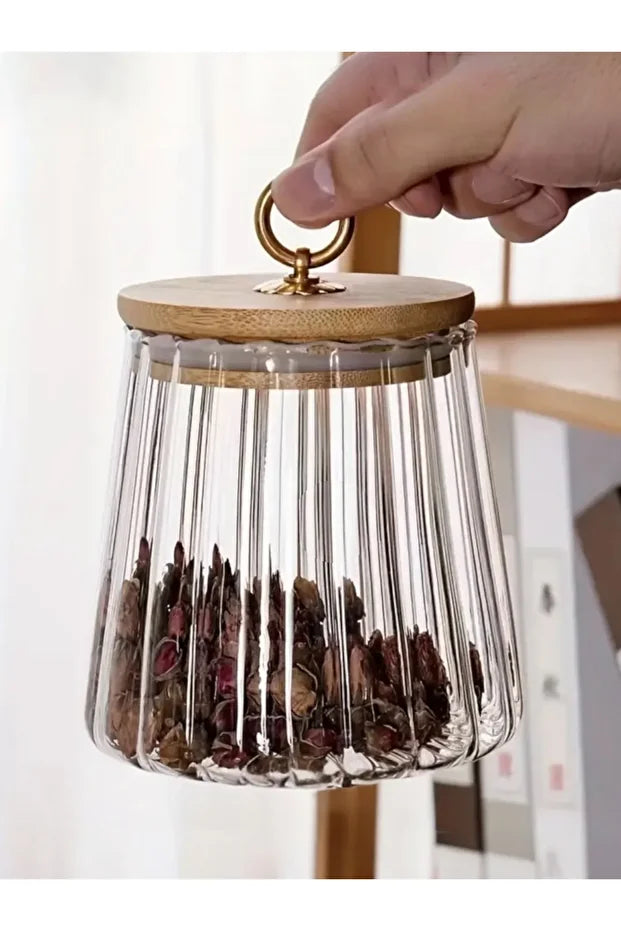 Yenigeldi 1 Adet 700 ml Çizgili Isıya Dayanıklı Halkalı Bambu Kapaklı Cam Kavanoz