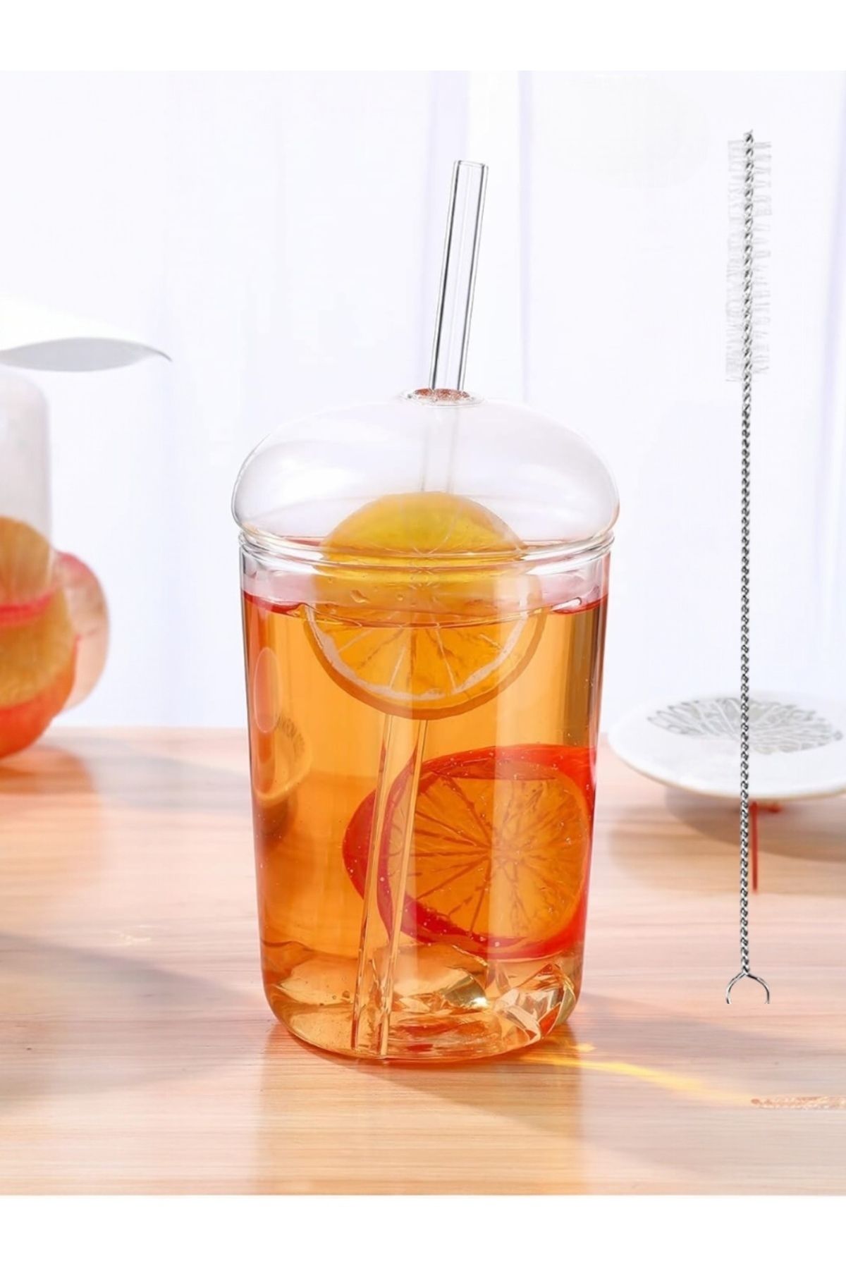 Yenigeldi Kubbe Kapaklı Pipetli Tumbler Isıya Dayanıklı Borosilikat Cam Bardak Kahve Meyve Suyu