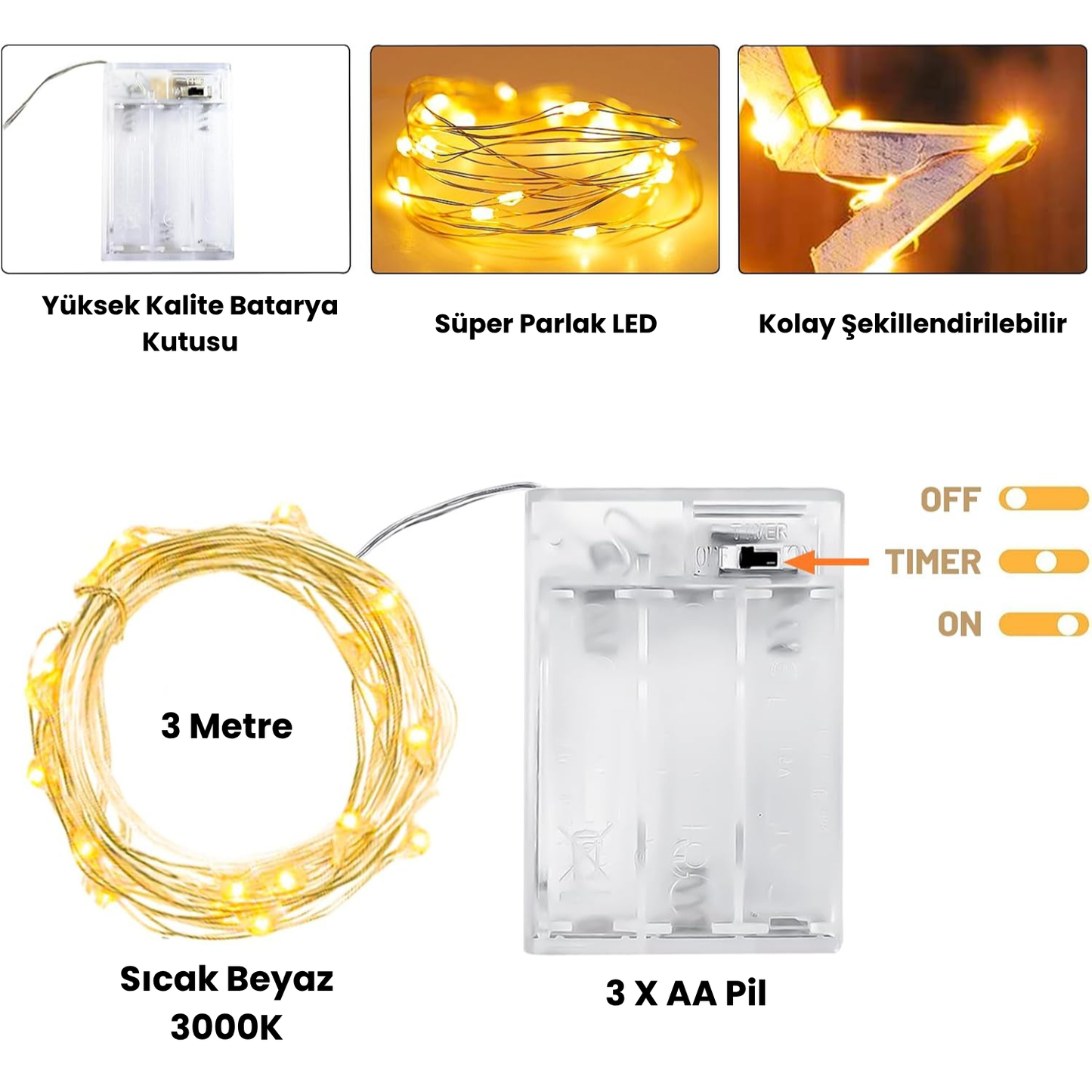 Su Geçirmez 3 Metre Pilli Gümüş Tel Led Peri Işığı