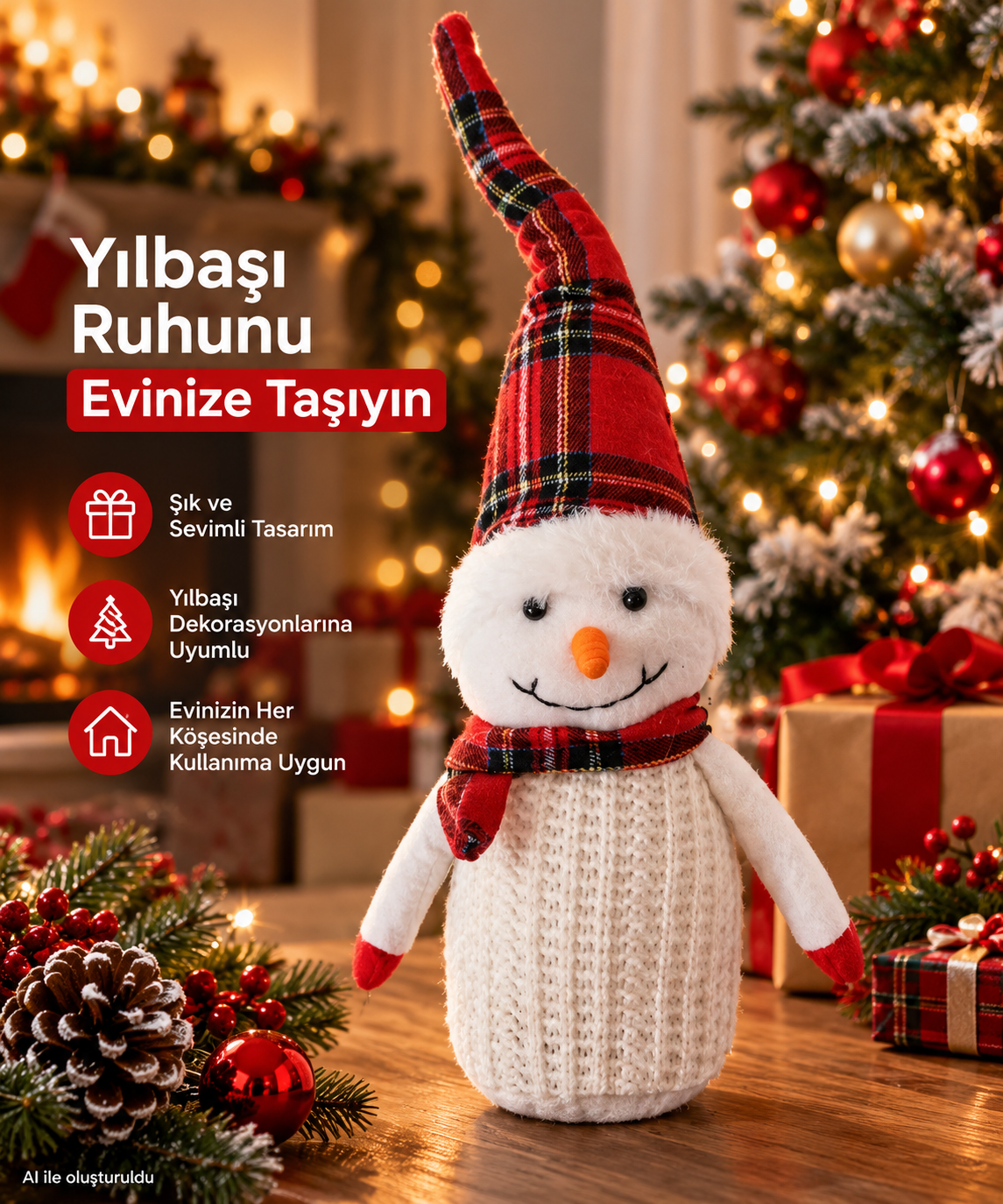 Ekose Desenli Şapkalı Beyaz Kar Adamı Peluş Dekorasyon Figürü Yılbaşı süsü