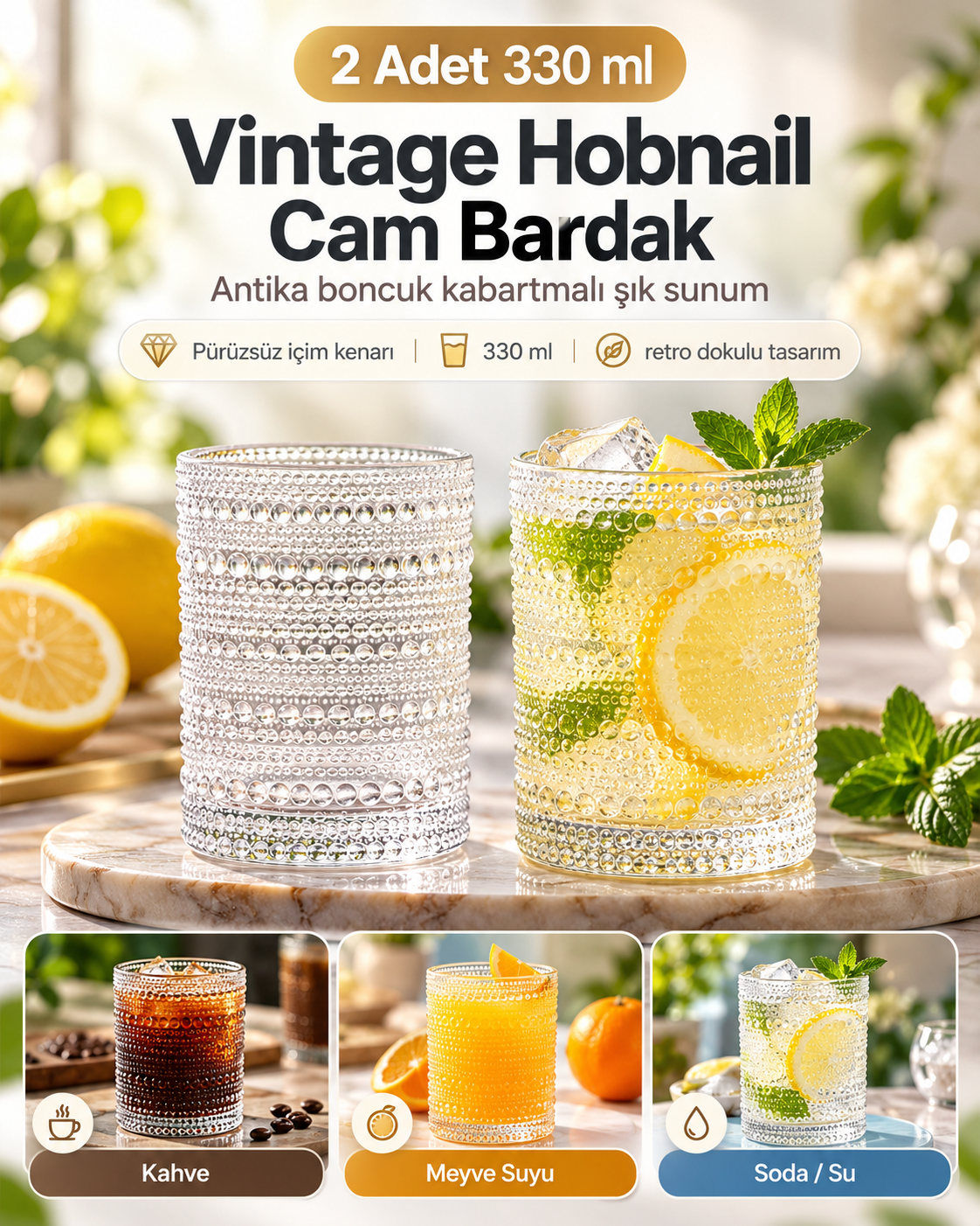 2 Adet 330ml Vintage Hobnail Bardak Antika Boncuk Kabartmalı Kahve y36