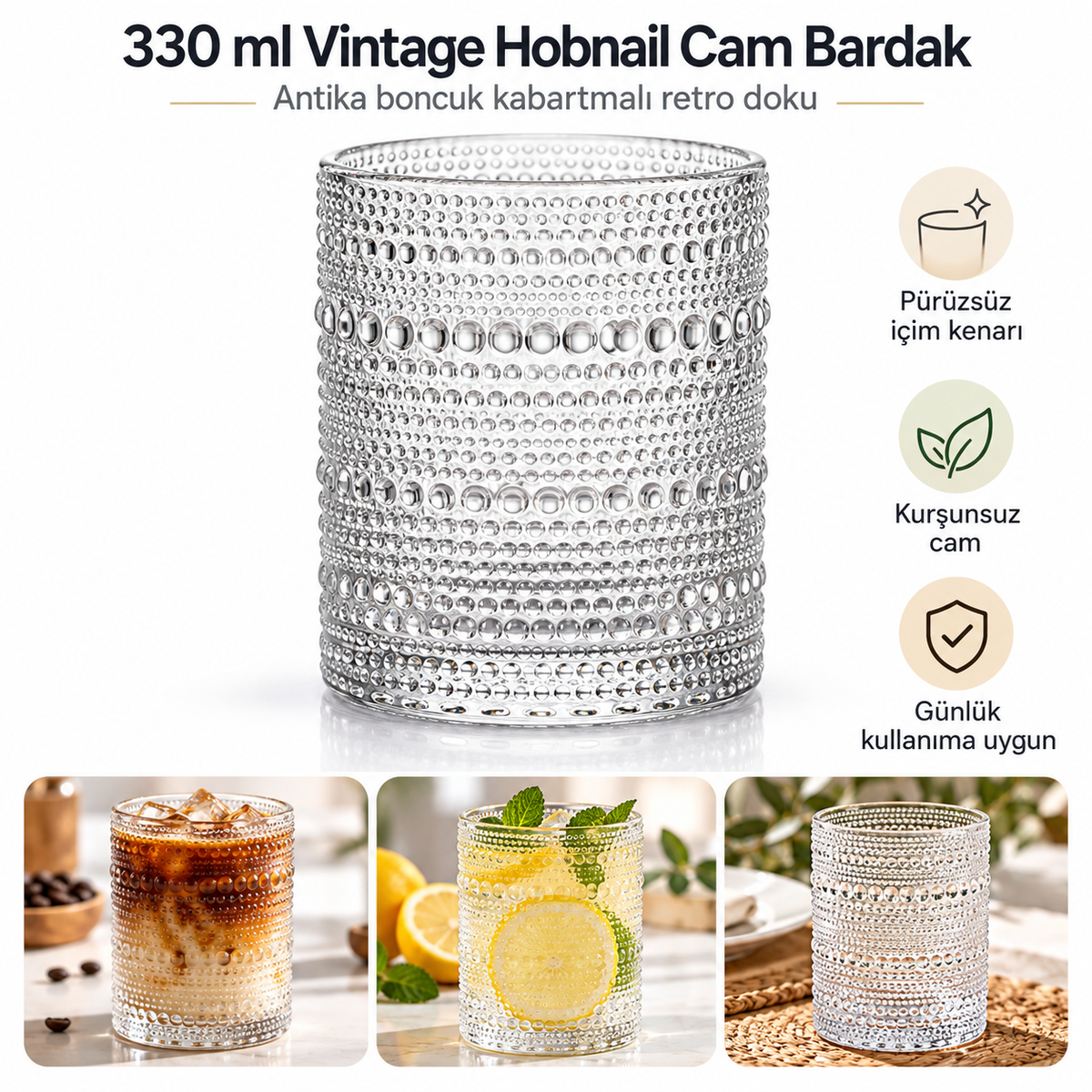 1 Adet y36 330ml Vintage Hobnail Bardak Antika Boncuk Kabartmalı Kahve