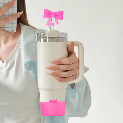Yenigeldi Stnly Quencher 40/30oz Uyumlu Beyaz Fiyonklu Silikon Termos Botu Koruyucu 2 Adet 30cm Tritan Pipet