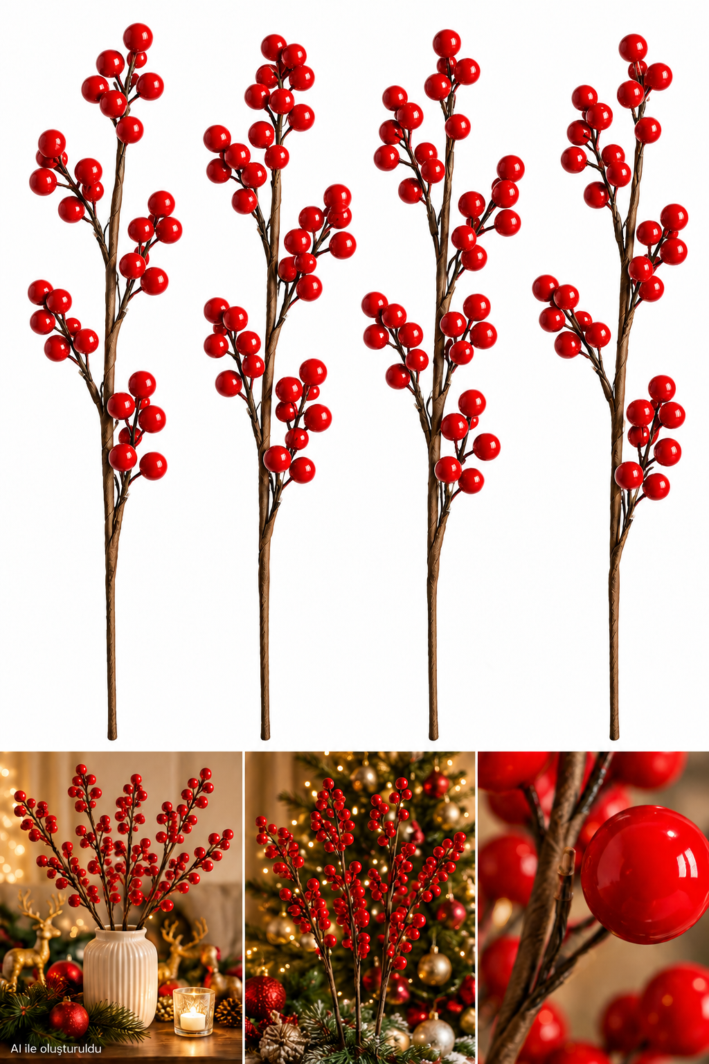 4 Adet Büyük Boy El Yapımı Uğur Kokina Red Berry Yılbaşı Süsü Süs t1151