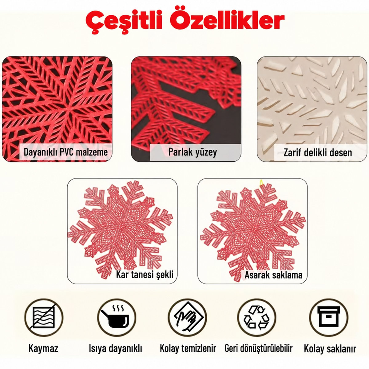 2 Adet Kırmızı Kar Tanesi Amerikan Servis Yılbaşı Dekorasyon Yıkanabilir