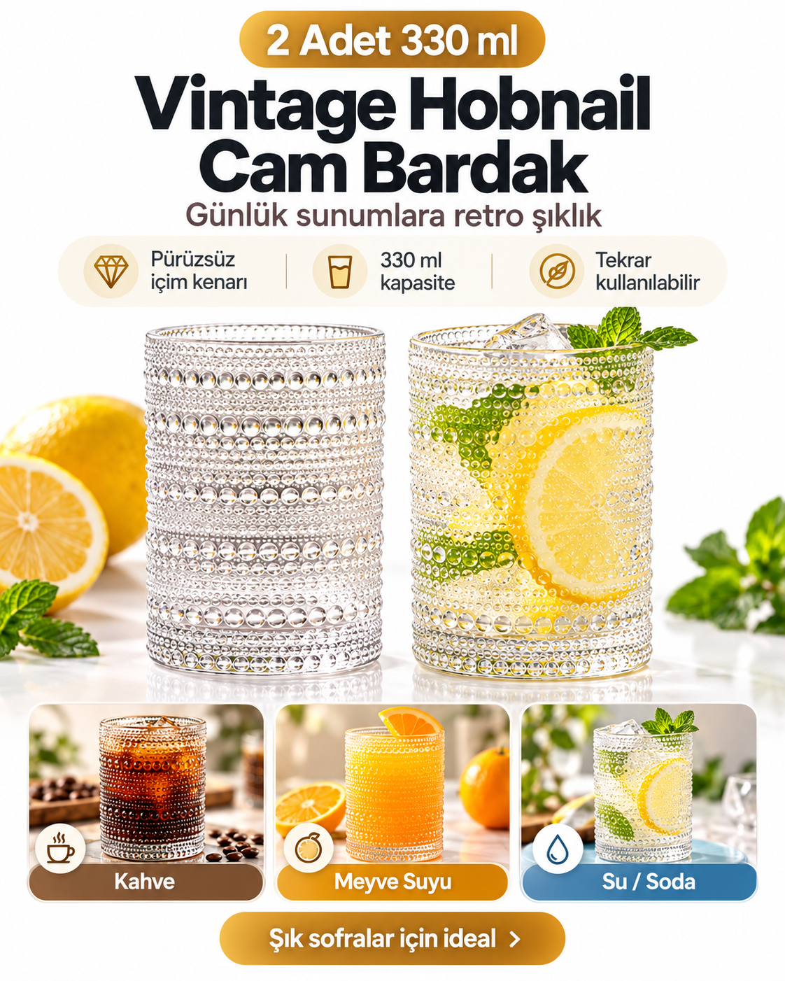 2 Adet 330ml Vintage Hobnail Bardak Antika Boncuk Kabartmalı Kahve y36