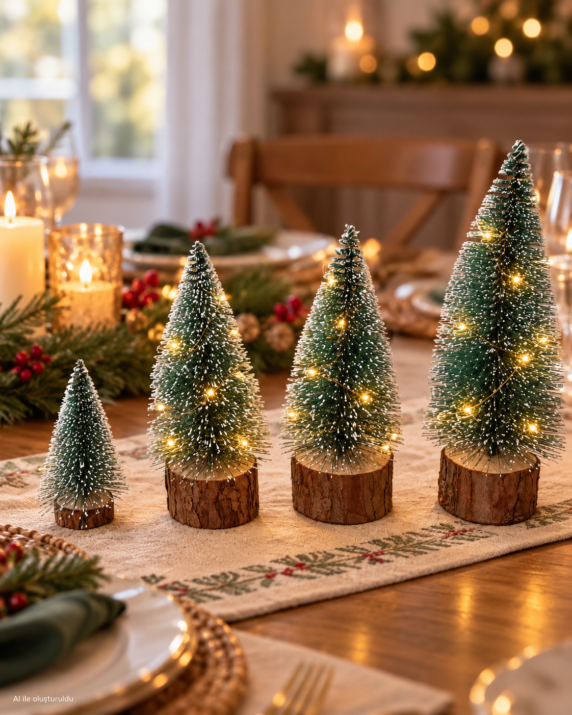 Kar Efektli Işıklı Yılbaşı Ağacı Seti (1 Adet 22cm ışıklı, 2 Adet18cm ışıklı,1 Adet 10cm ışıksız)– 4’lü Çam Ağaçları + LED Işık